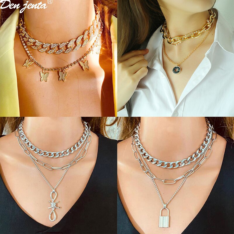 Lock Pendant Butterfly Necklace For Women Layered Chain Neck Punk Choker Padlock Goth Necklaces Jewelry Grunge Accessories