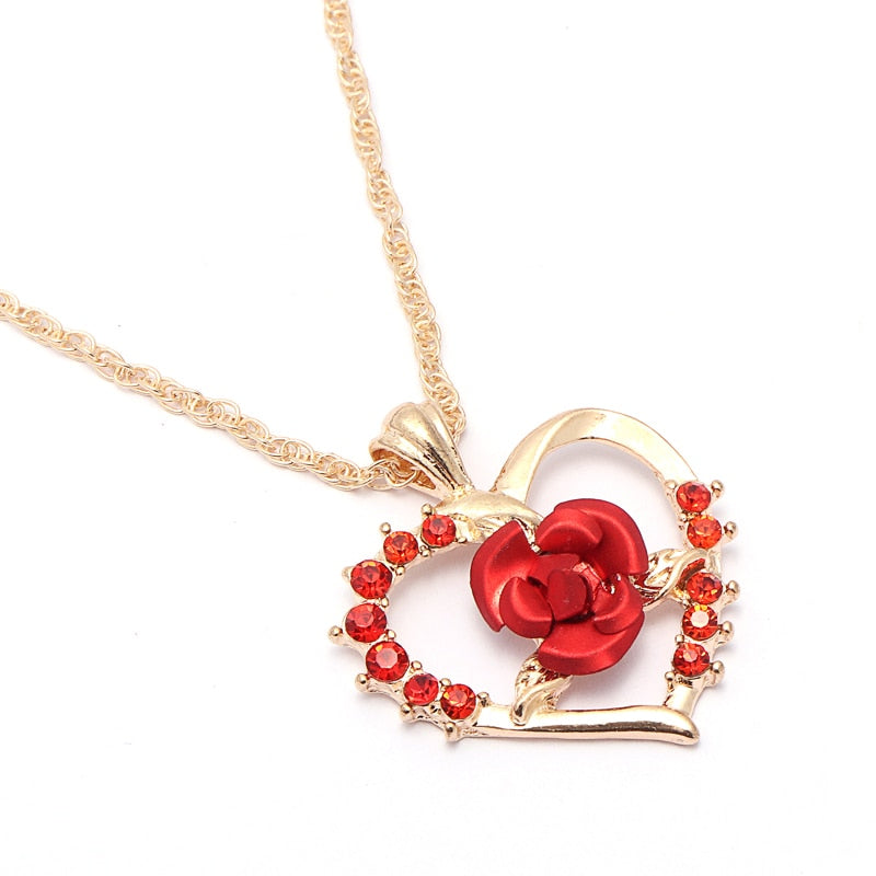 Love Heart Red Rose Pendant Necklace Women Girl Lady Gold Color Necklace Choker Jewelry For Valentine's Day Gift