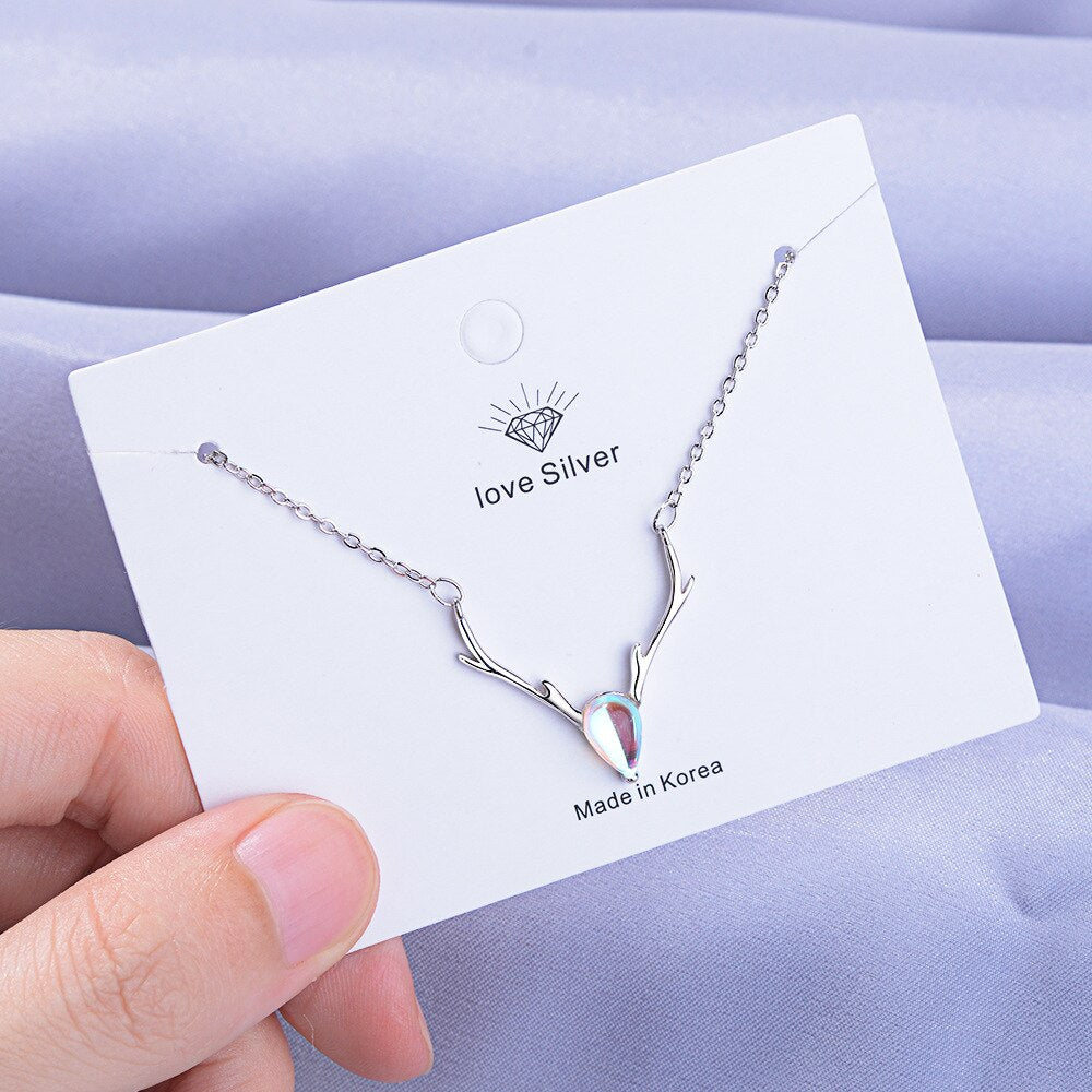 925 Stamp Silver Color Antlers Gradient Round Crystal Pendant Choker Necklace For Women Wedding Fine Jewelry Party