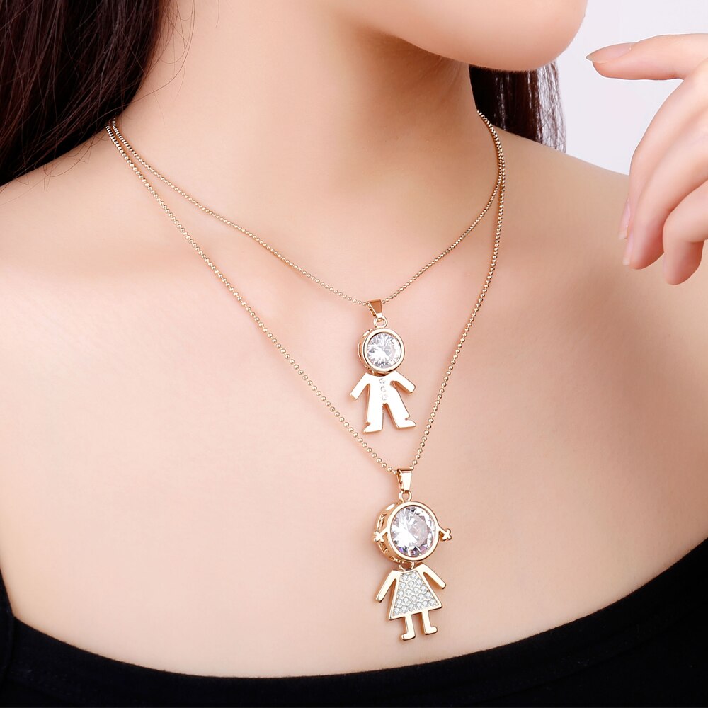 Big Crystal Boy Girl Kids Pendant Necklaces for Women Gold Color Double Layer Beads Chain Necklace Jewellery