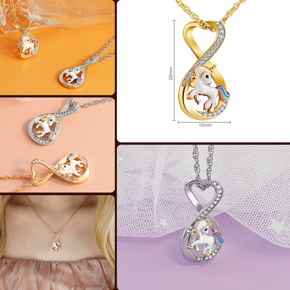 Women Crystal Necklace Unicorn Pendant Love 8 Shape Pegasus Necklace For Women Micro-Studded Female Jewelry Gift