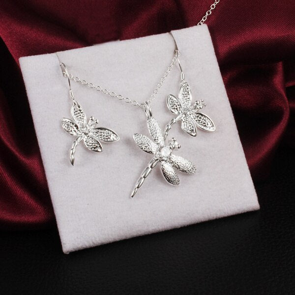 designer 925 sterling Silver Crystal dragonfly pendant necklace earrings for Women gifts wedding Jewelry sets