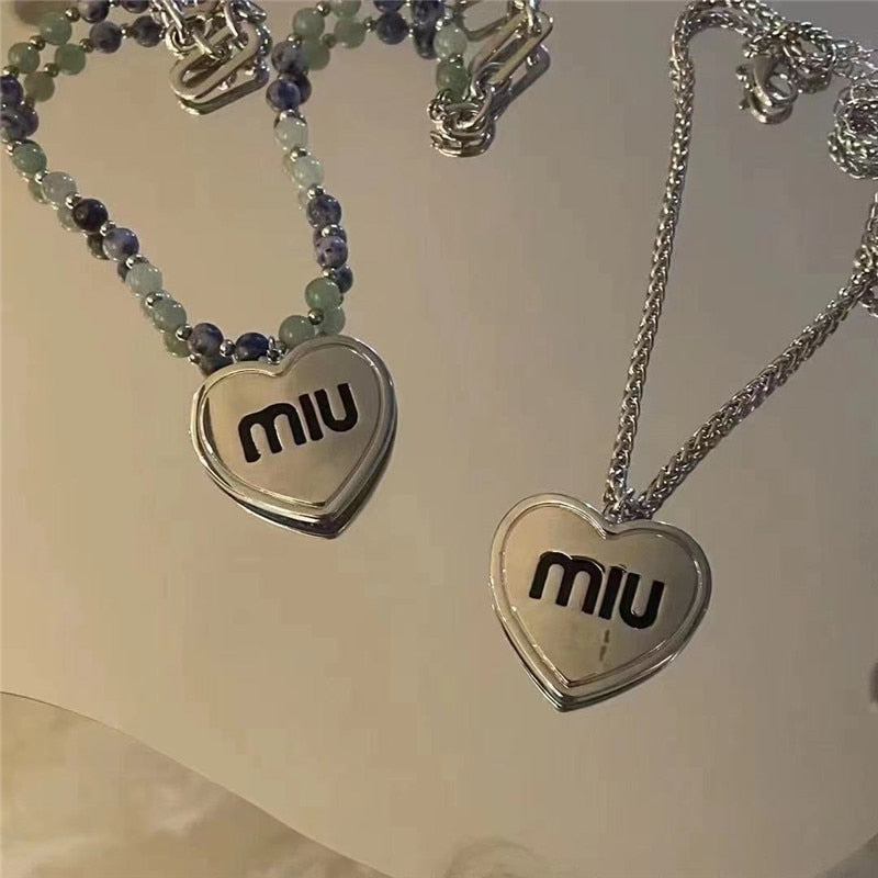 MONA Tourmaline Stone Beads Falling Jade Plate Green Love Pendant Necklace Ins Temperament Stacking Letter Necklace