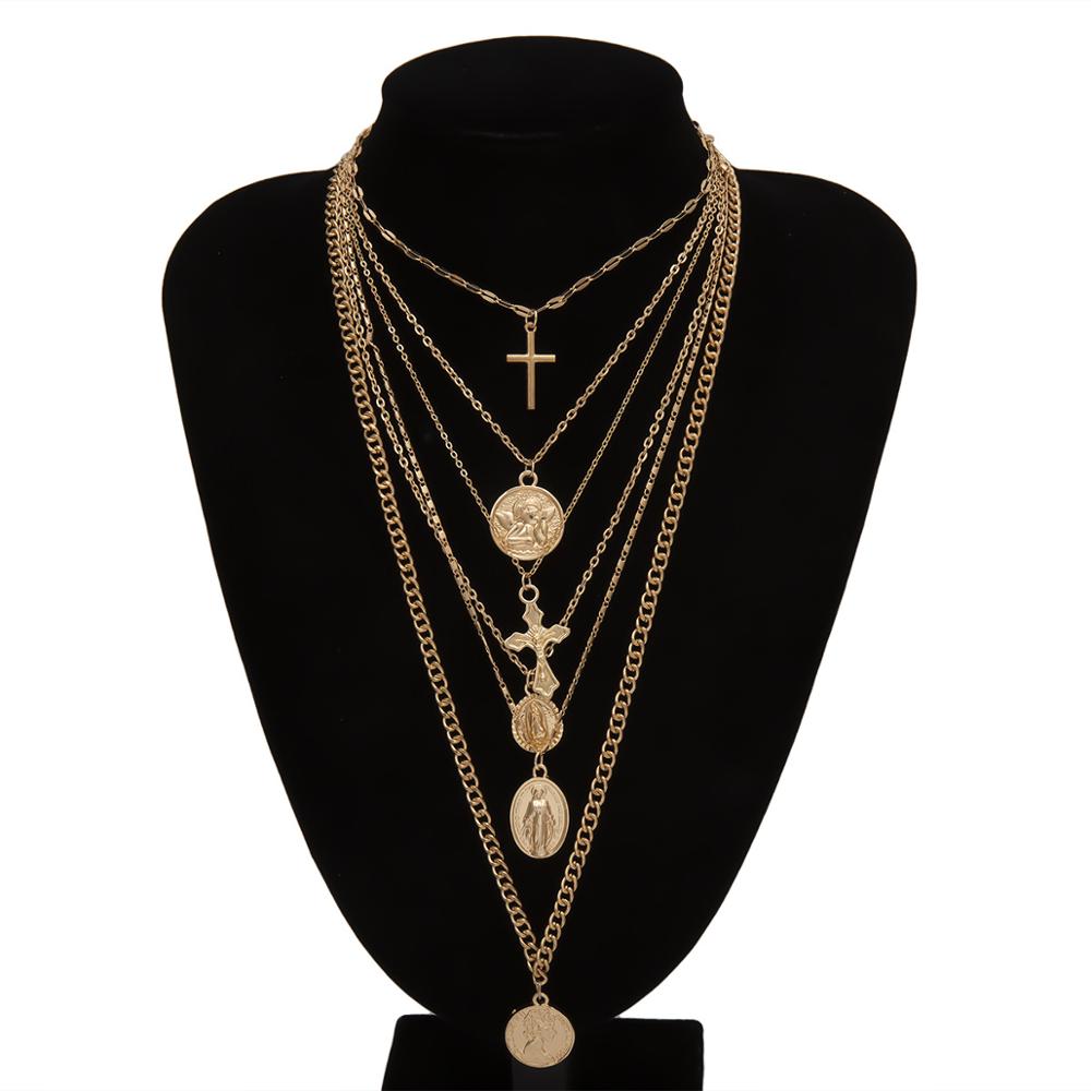 Multi Layer Carved Coin Angel Pendant Choker Necklace Gothic Virgin Mary Cross Chunky Chain Long Necklace Women Jewelry