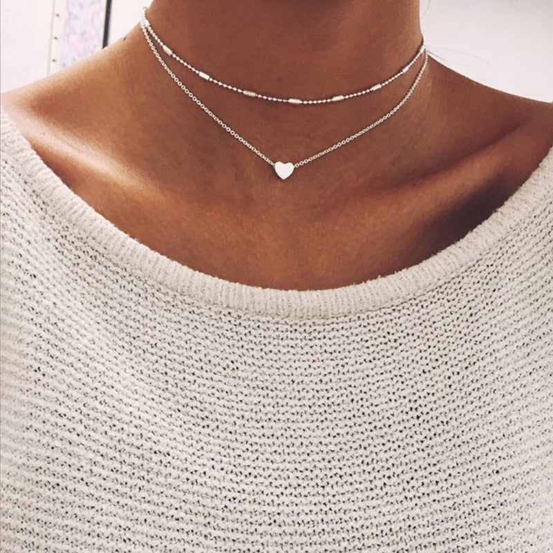 Multi Layer Tiny Small Heart Moon Choker Necklace for Women Gold Color Short  Chain Pendant Collar Necklace Jewelry Gift