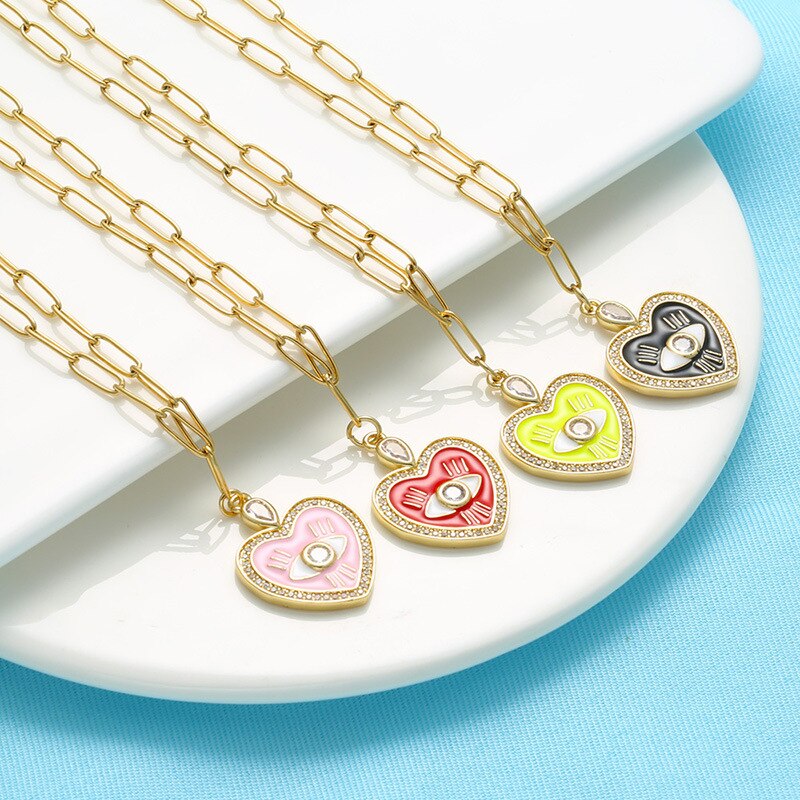 Multi-color Dripping Oil Necklace Zircon Love Heart Peach Heart Eye Necklace Jewelry DIY Color Gothic  Chains