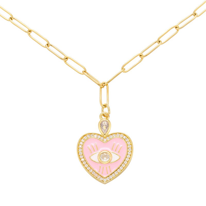 Multi-color Dripping Oil Necklace Zircon Love Heart Peach Heart Eye Necklace Jewelry DIY Color Gothic  Chains