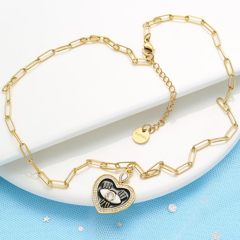 Multi-color Dripping Oil Necklace Zircon Love Heart Peach Heart Eye Necklace Jewelry DIY Color Gothic  Chains