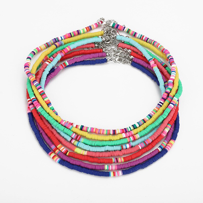 Multicolor Polymer Clay Necklace For Women 4mm Boho Flat Round Polymer Clay Loose Beads Summer Beach Jewelry Gift