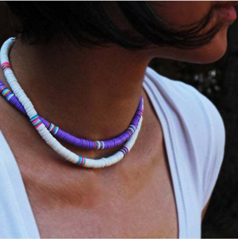 Multicolor Polymer Clay Necklace For Women 4mm Boho Flat Round Polymer Clay Loose Beads Summer Beach Jewelry Gift