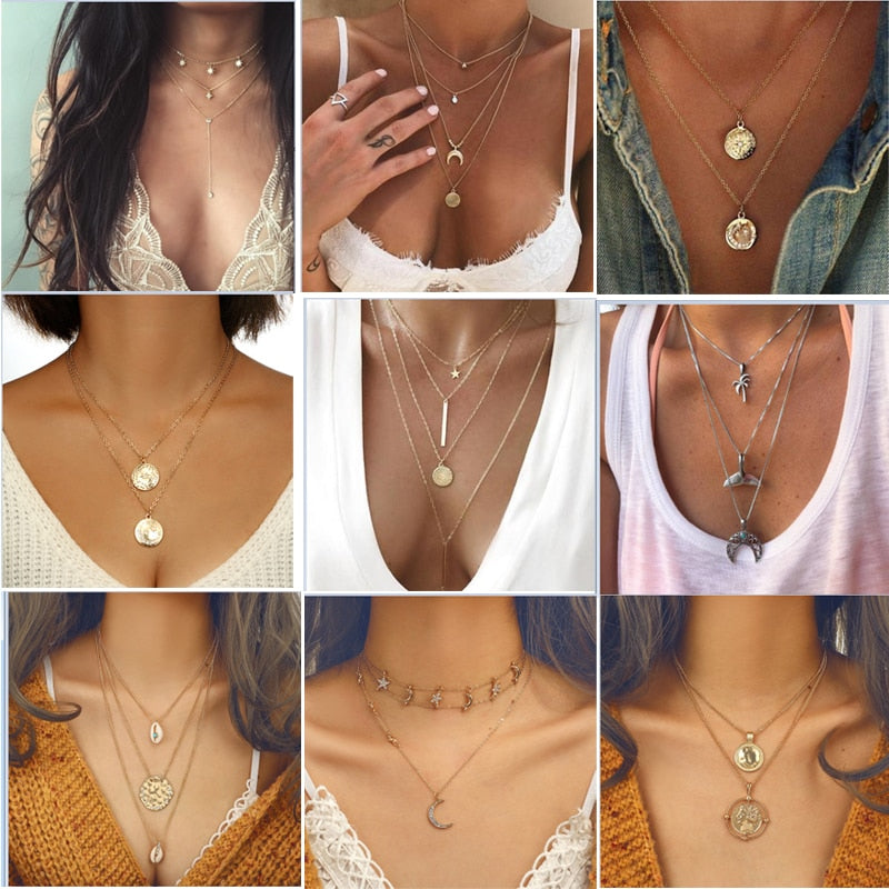 Multilayer Crystal Moon Necklaces & Pendants For Women Vintage Charm Gold Choker Necklace 2021 Bohemian Jewelry