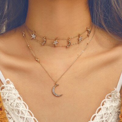 Multilayer Crystal Moon Necklaces & Pendants For Women Vintage Charm Gold Choker Necklace 2021 Bohemian Jewelry