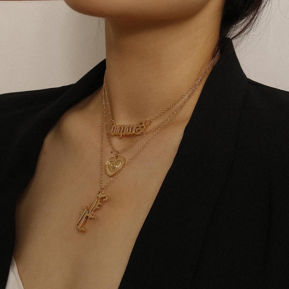 Multilayer Crystal Pendant Necklace Women gold SILVER Color Heart  pendant shaped lettering pattern Choker Necklaces Jewelry