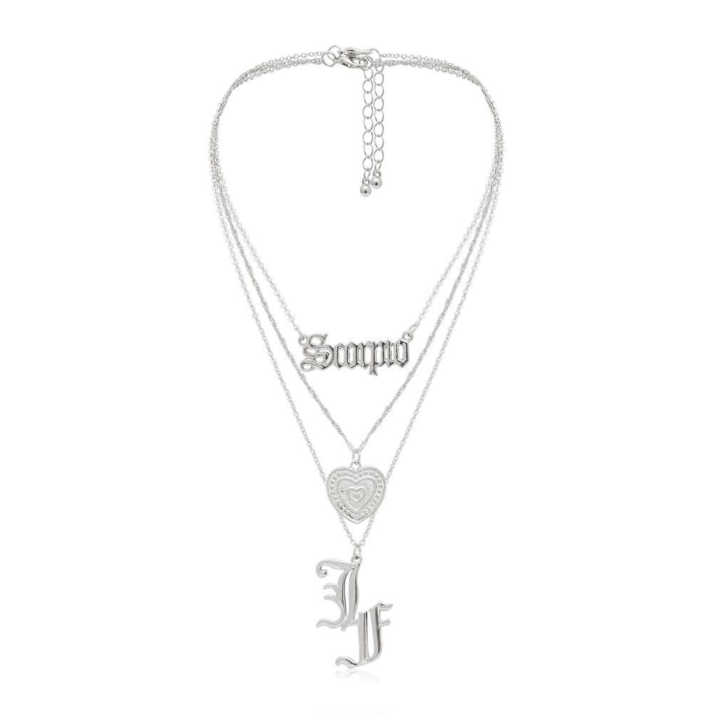 Multilayer Crystal Pendant Necklace Women gold SILVER Color Heart  pendant shaped lettering pattern Choker Necklaces Jewelry