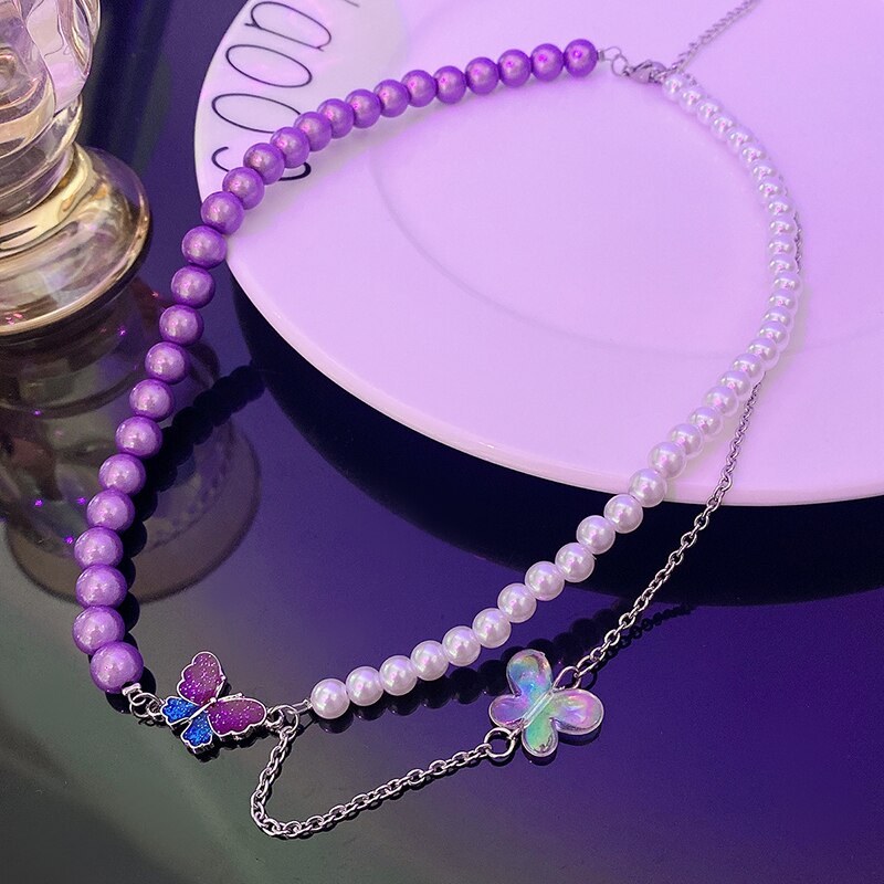 Niche Design Purple Reflective Pearl Necklace For Women Stitching Butterfly Pendant Clavicle Chain Sweater Chain Accessories