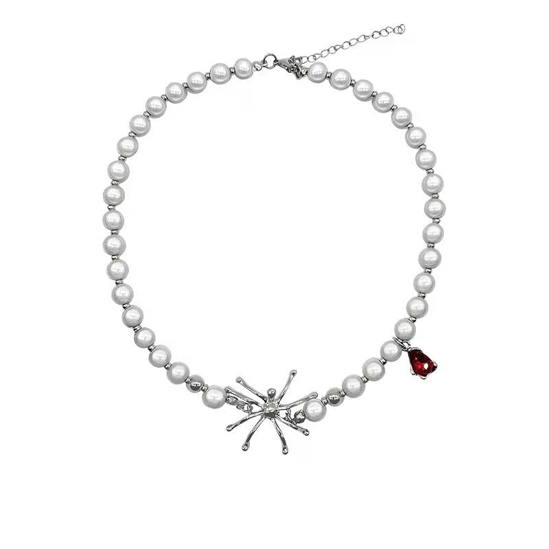 Pearl Necklace Spider Ruby Pendant Necklace Clavicle Chain Retro Hip Hop Style Necklace Woman Necklace Jewelry Gift