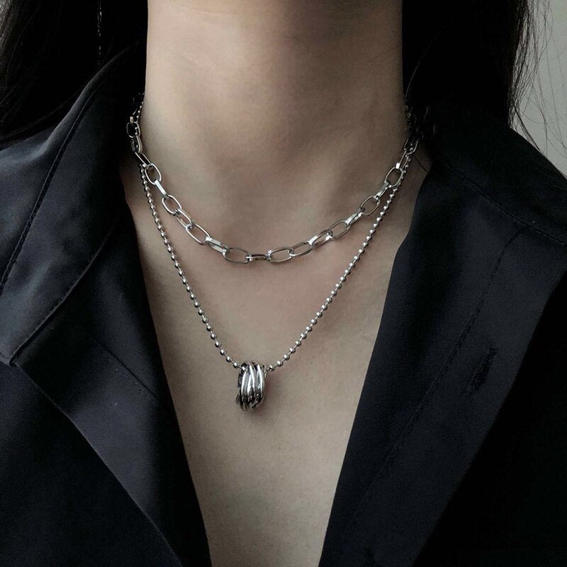 Personality Hip Hop Multilayer Necklace Metal Cross Pendant Silver Color Chain Necklace for Women Men Unisex Jewelry