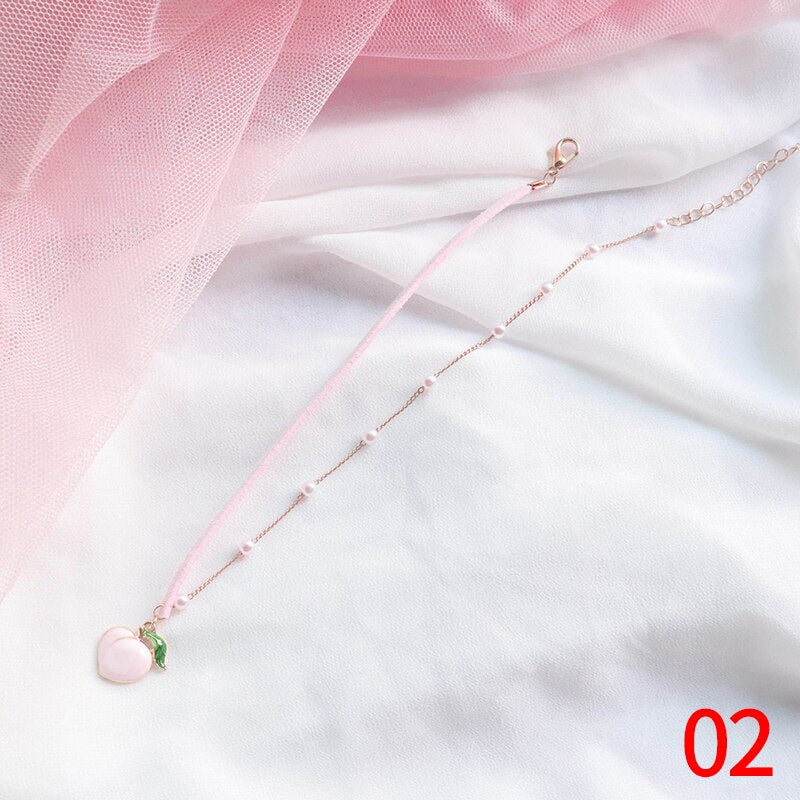 Pink Color Peach Heart Flowers Lolita Pendant Choker Short Clavicle Necklaces Sweet Jewelry Accessories For Girl