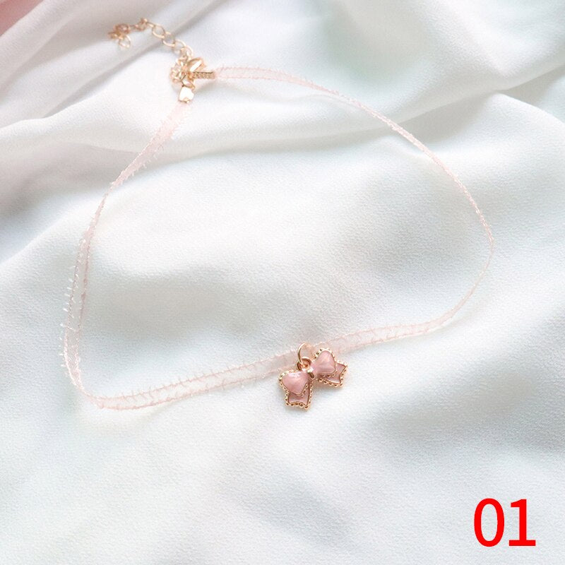 Pink Color Peach Heart Flowers Lolita Pendant Choker Short Clavicle Necklaces Sweet Jewelry Accessories For Girl