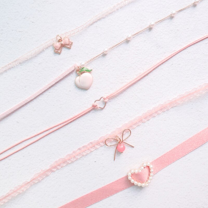 Pink Color Peach Heart Flowers Lolita Pendant Choker Short Clavicle Necklaces Sweet Jewelry Accessories For Girl