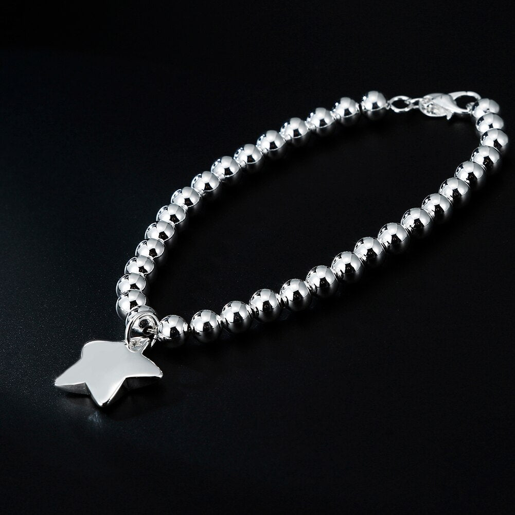 Popular brands 925 sterling silver fine 4MM Beads Chain Star Pendant Bracelets for women party Wedding Jewelry gifts
