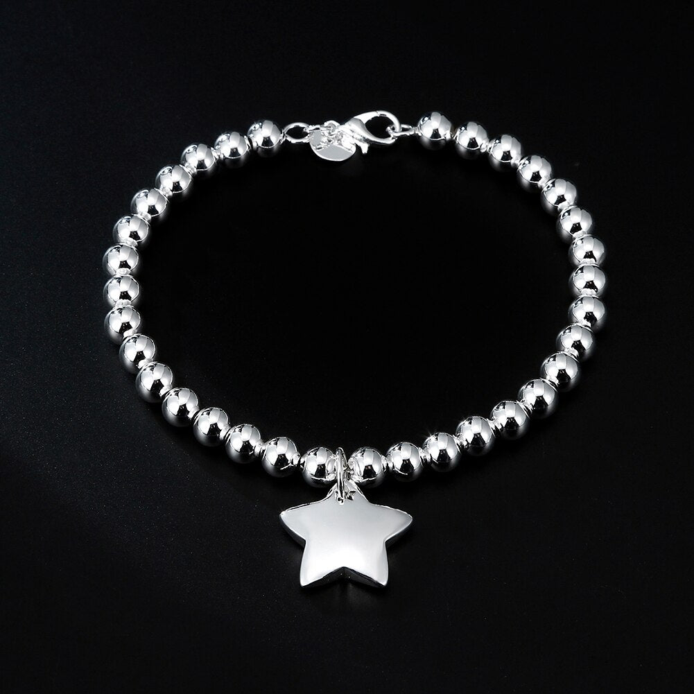 Popular brands 925 sterling silver fine 4MM Beads Chain Star Pendant Bracelets for women party Wedding Jewelry gifts