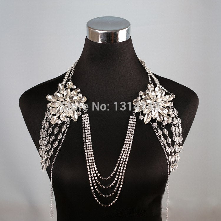 Women Long Crystal Necklace bod Chain Bridal Shoulder Strap Bride Jewelry Wedding Accessories Chains Necklaces Vintage