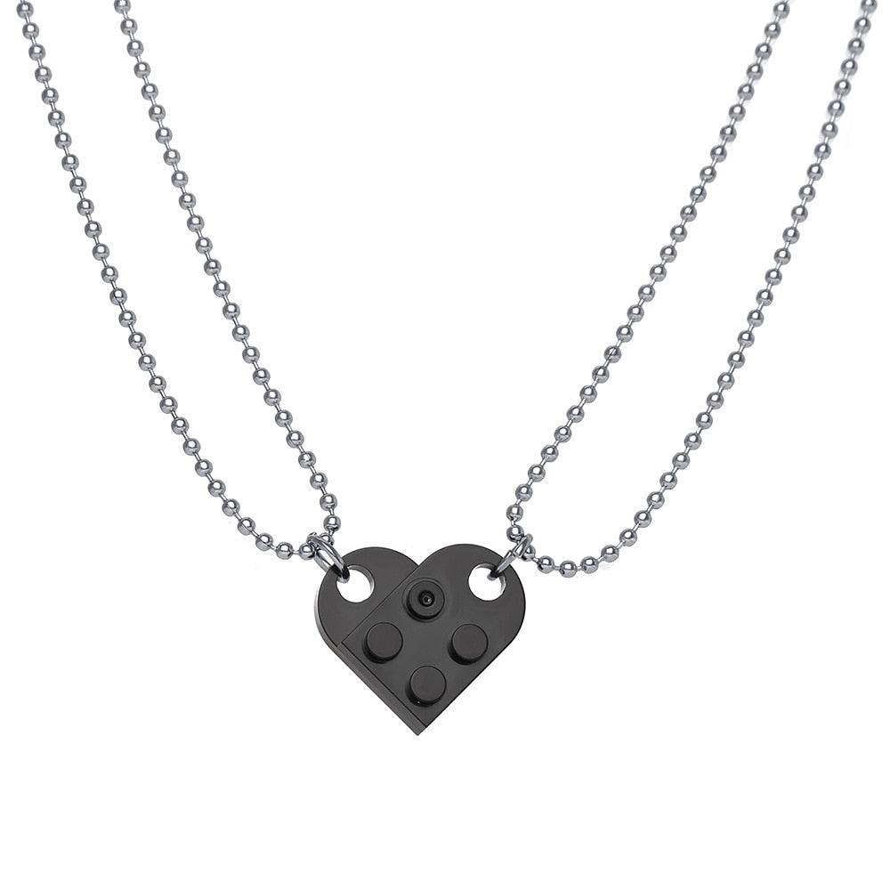 Punk 2Pcs Heart Brick Couples Love Necklace For Lovers Women Men Elements Friendship Necklaces Valentines Gift Jewelry