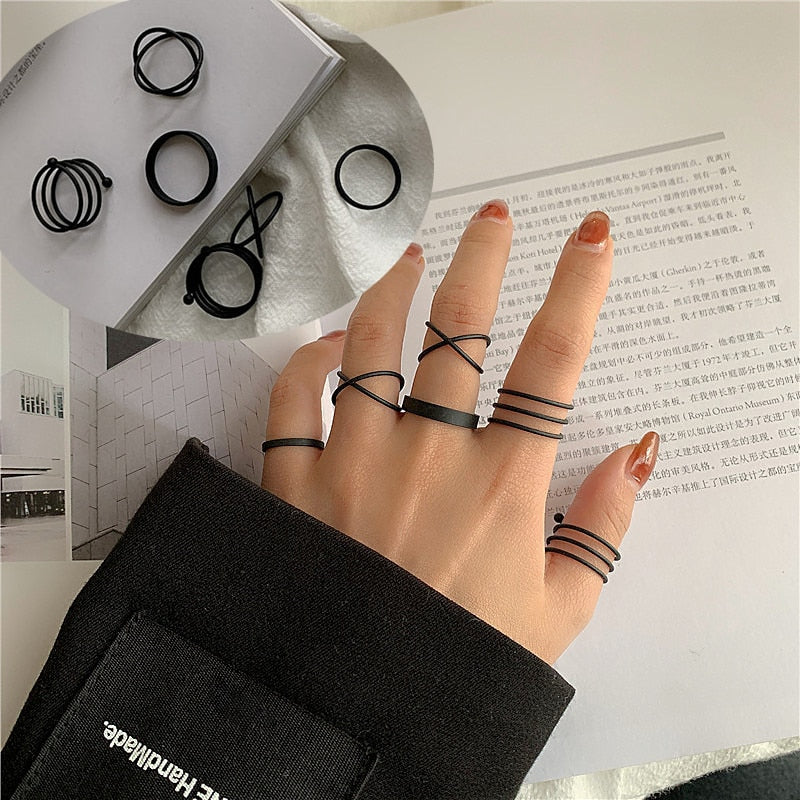 Punk Finger Rings 6pcs/set Minimalist Smooth Gold/Black Geometric Metal Rings for Women Girls Party Jewelry bijoux femme