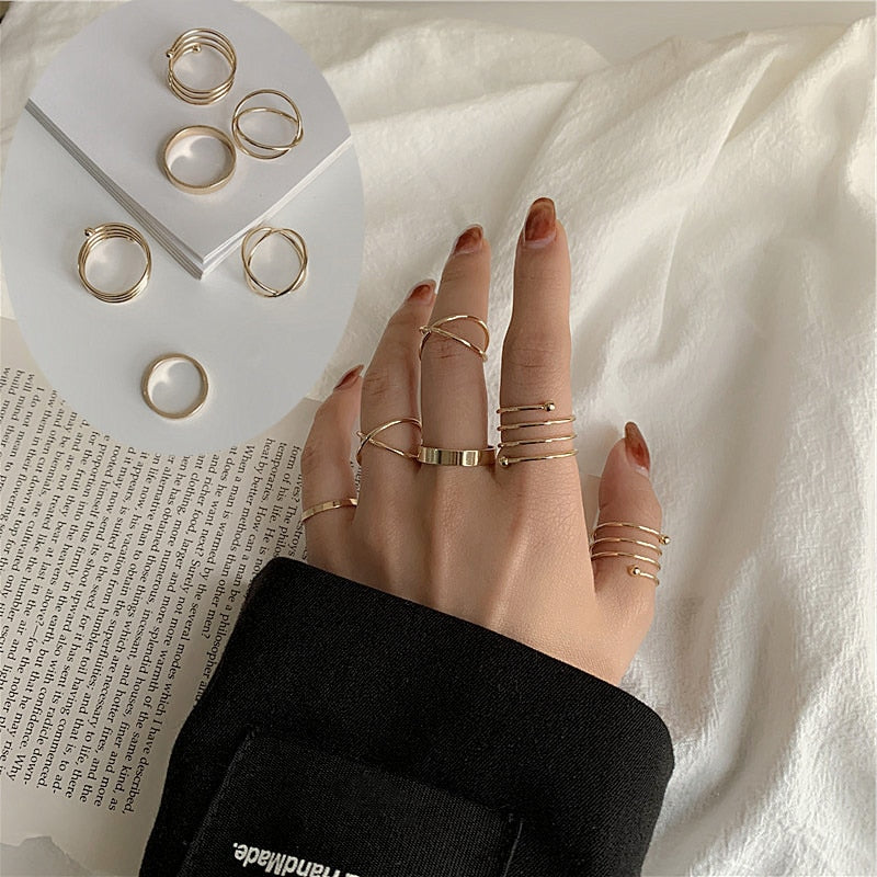 Punk Finger Rings 6pcs/set Minimalist Smooth Gold/Black Geometric Metal Rings for Women Girls Party Jewelry bijoux femme