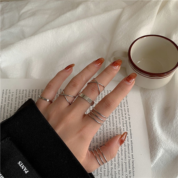 Punk Finger Rings 6pcs/set Minimalist Smooth Gold/Black Geometric Metal Rings for Women Girls Party Jewelry bijoux femme