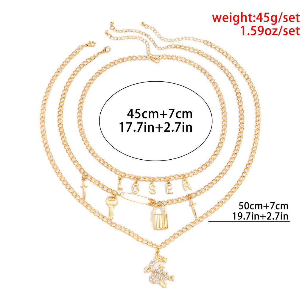 Punk Gothic Crystal Dragon Padlock Pendant Necklaces for Women Men Gold Color Jewellery Multilayer Mascot Lucky Symbol Gifts