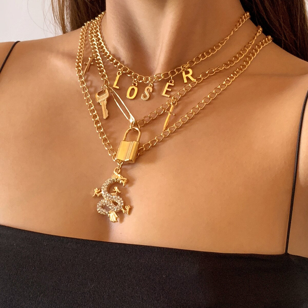 Punk Gothic Crystal Dragon Padlock Pendant Necklaces for Women Men Gold Color Jewellery Multilayer Mascot Lucky Symbol Gifts