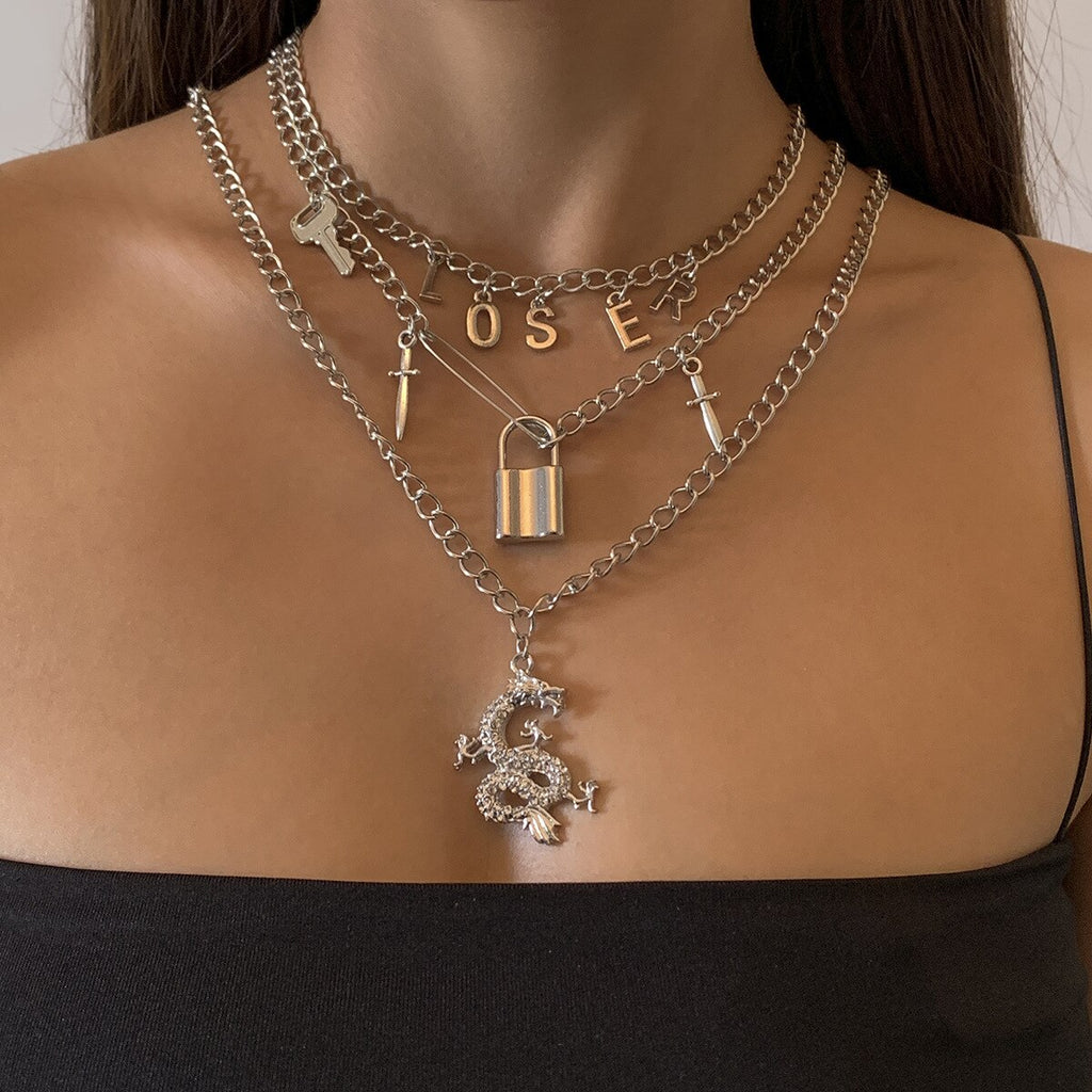 Punk Gothic Crystal Dragon Padlock Pendant Necklaces for Women Men Gold Color Jewellery Multilayer Mascot Lucky Symbol Gifts