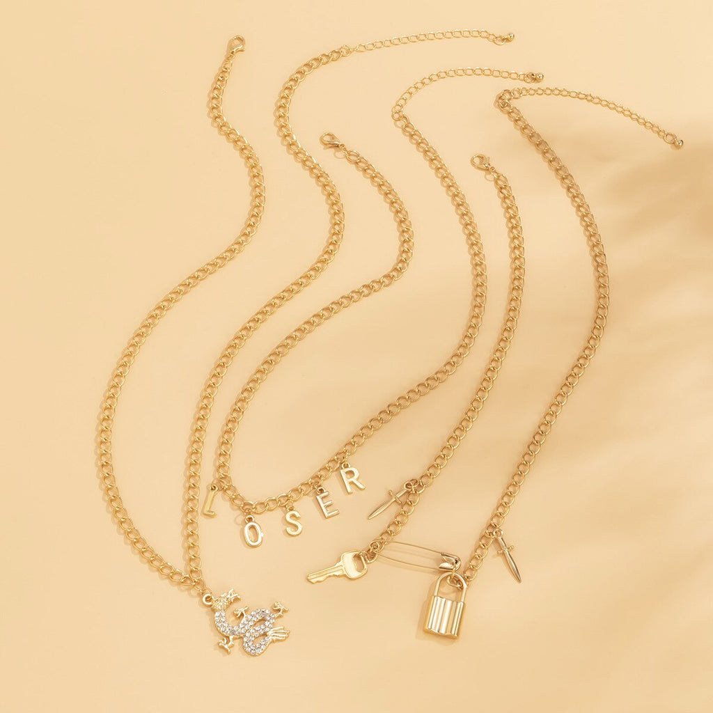 Punk Gothic Crystal Dragon Padlock Pendant Necklaces for Women Men Gold Color Jewellery Multilayer Mascot Lucky Symbol Gifts