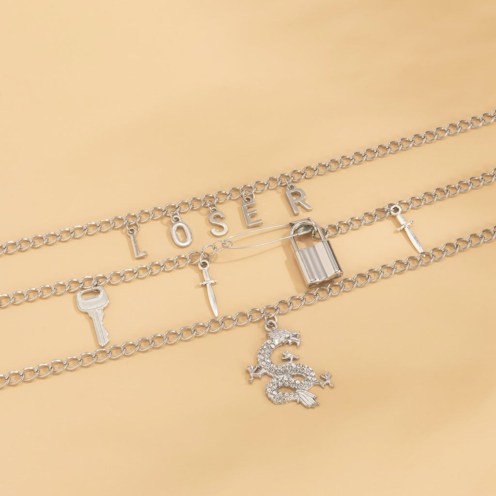 Punk Gothic Crystal Dragon Padlock Pendant Necklaces for Women Men Gold Color Jewellery Multilayer Mascot Lucky Symbol Gifts