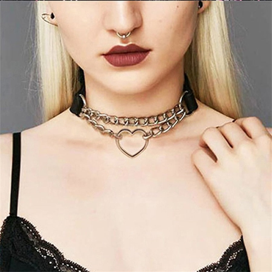 Punk PU Leather Lock Key Heart Round Rivet Collar Studded Choker Necklace  Gothic Rock Stainless Steel  Unisex Neck Chain