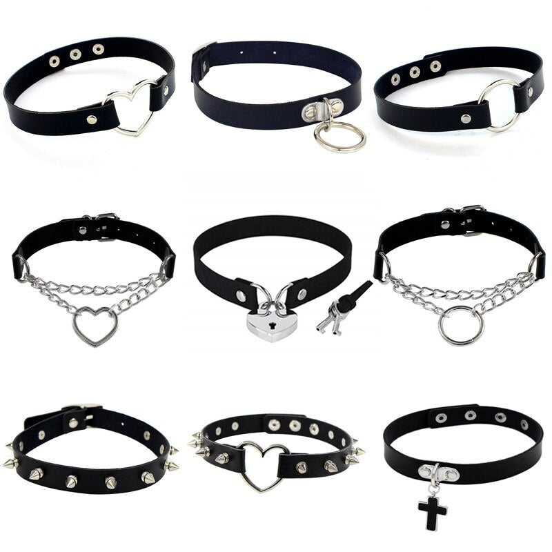 Punk Rock Gothic Choker PU Leather Heart Round Spike Rivet Collar Studded Choker Necklace Body Jewelry Birthday Party Gift
