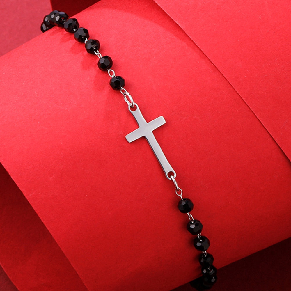 Quality Rosary Cross Charms Bracelet Black Onyx Beades Gold Silver Plated Stainless Steel Chain Bracelets for Women Girls