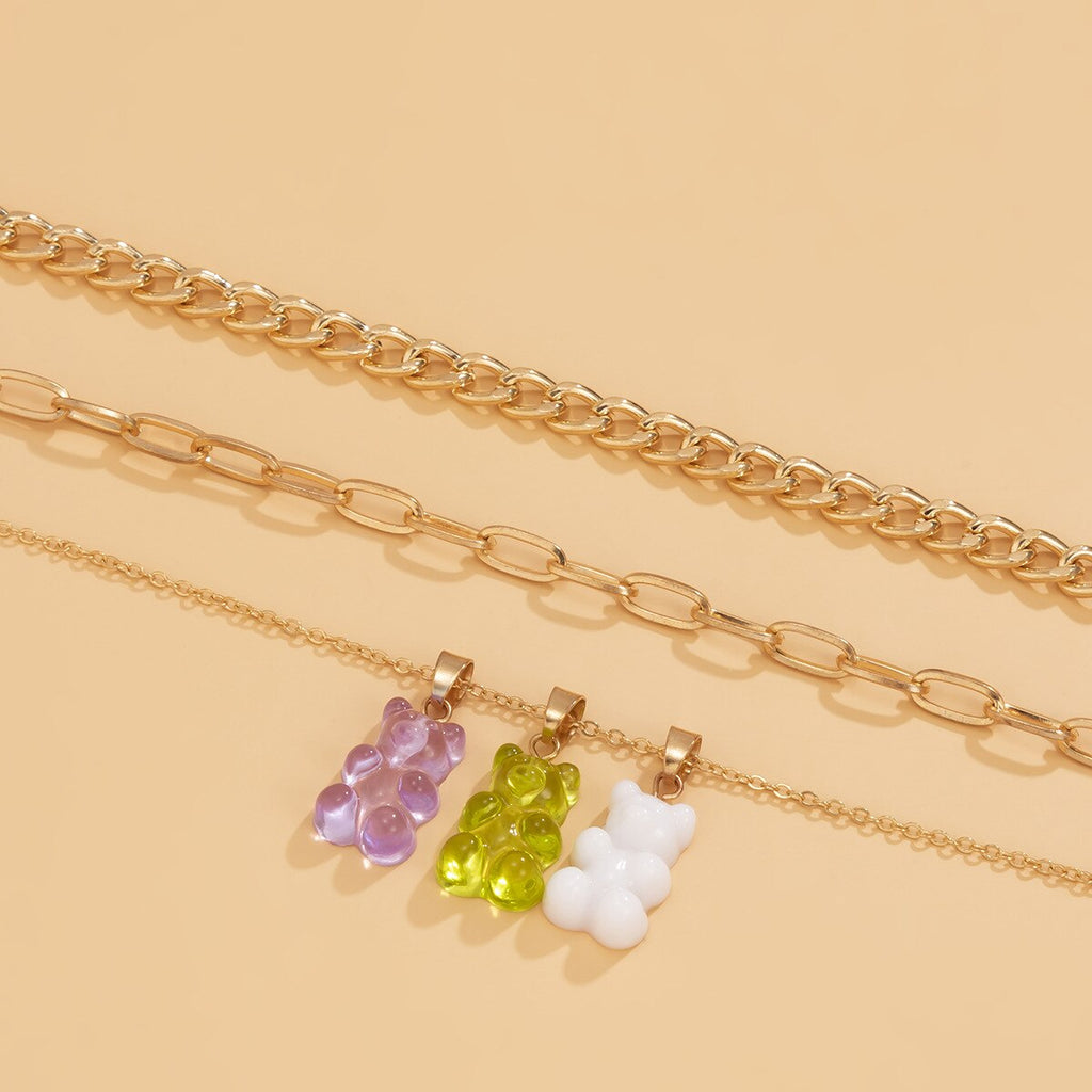 Rainbow Color Cute Jelly Bear Gummy Necklaces for Women Girls Cool Punk Multilayer Gold Chains Resin Necklaces Accessories