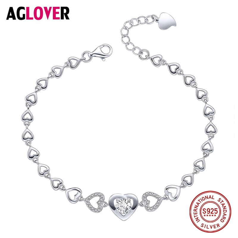 New Real 925 Sterling Silver Charm Bracelets For Women Fashion Full Heart Bracelet Wedding Party Jewelry Girls Gift