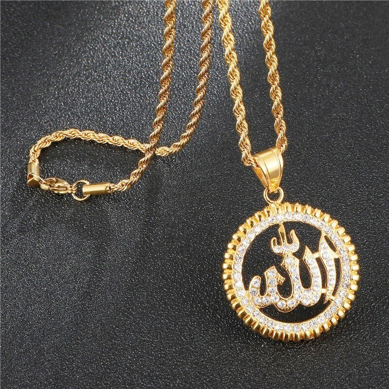 Religious Islam Muslim Rune Round Pendant Necklace Men's Necklace Austrian Crystal Inlaid Rune Necklace Pendant Accessory