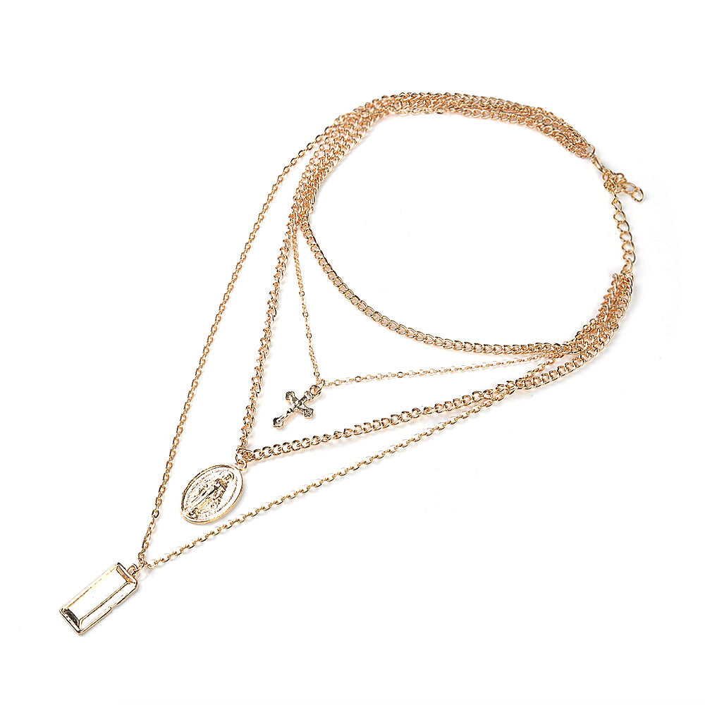 New Religious vintage Simple Chain Gold Silver Color Tassel Cross humanoid Pendant Multi Layer Necklace Fine Jewelry For Women