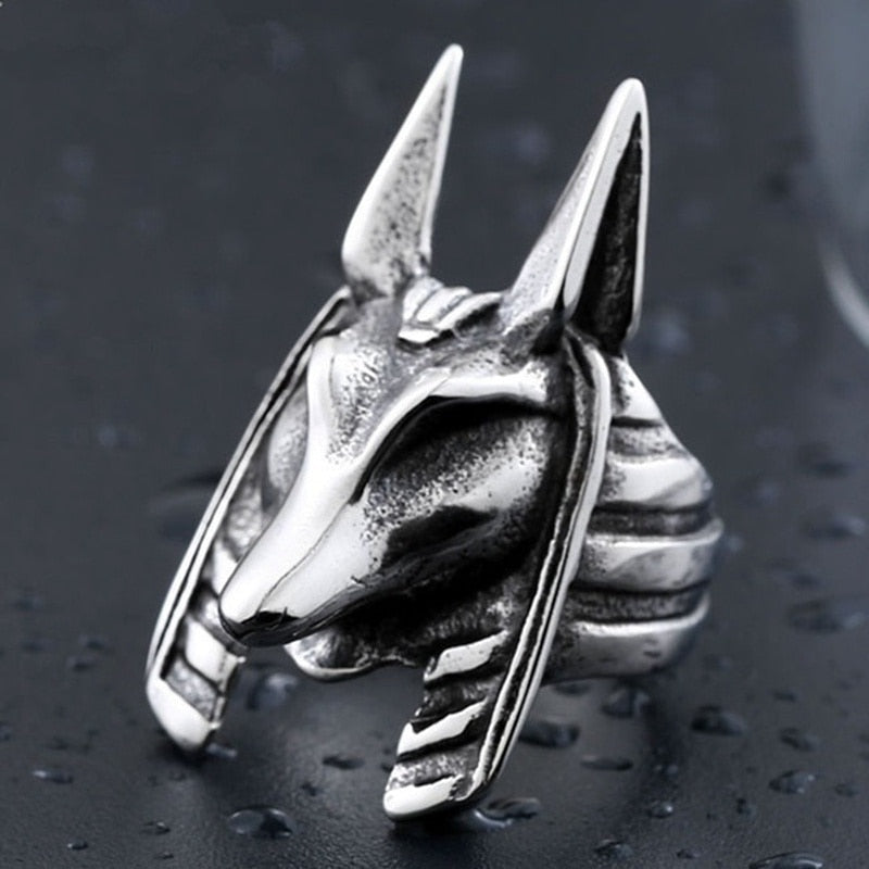 Retro Animal Fox Head Ring Men's Ring Vintage Metal Silver-Plated Egyptian Guardian Anubis Ring Accessories Party Jewelry