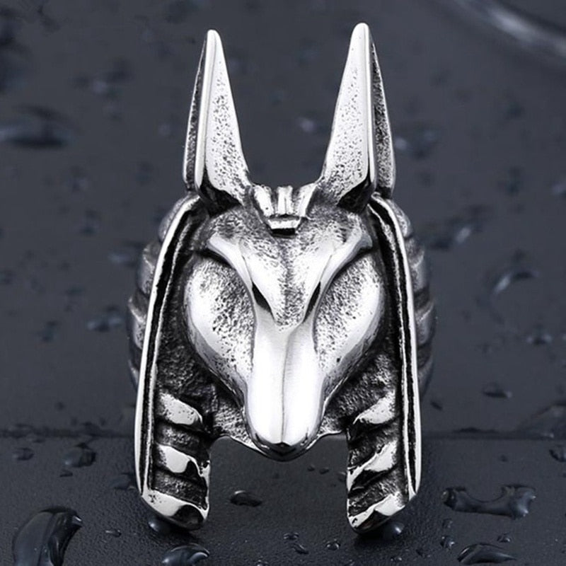 Retro Animal Fox Head Ring Men's Ring Vintage Metal Silver-Plated Egyptian Guardian Anubis Ring Accessories Party Jewelry