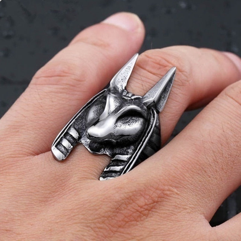 Retro Animal Fox Head Ring Men's Ring Vintage Metal Silver-Plated Egyptian Guardian Anubis Ring Accessories Party Jewelry