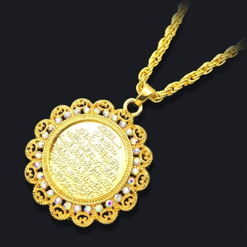 Retro Arab Muslim Islam Arah Scripture Pendant Rhinestone Necklace Religious Jewelry