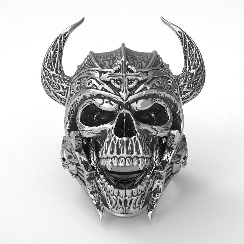 Retro Bull Head Mask Warrior Skull Shape Ring Men's Ring Metal Horror Skull Horn Ring Accessories Party Jewelry