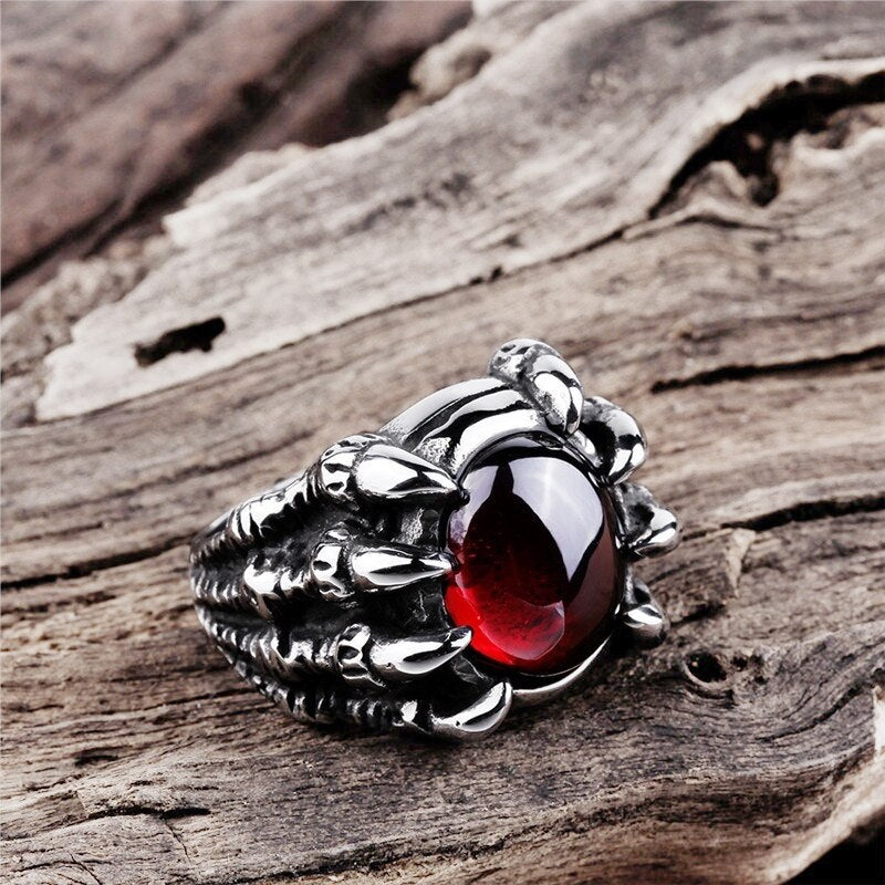 Retro Dragon Claw Black Red Birthstone Inlaid Ring Men's Ring Metal Animal Ring Accessories Party Jewelry Size 8-11