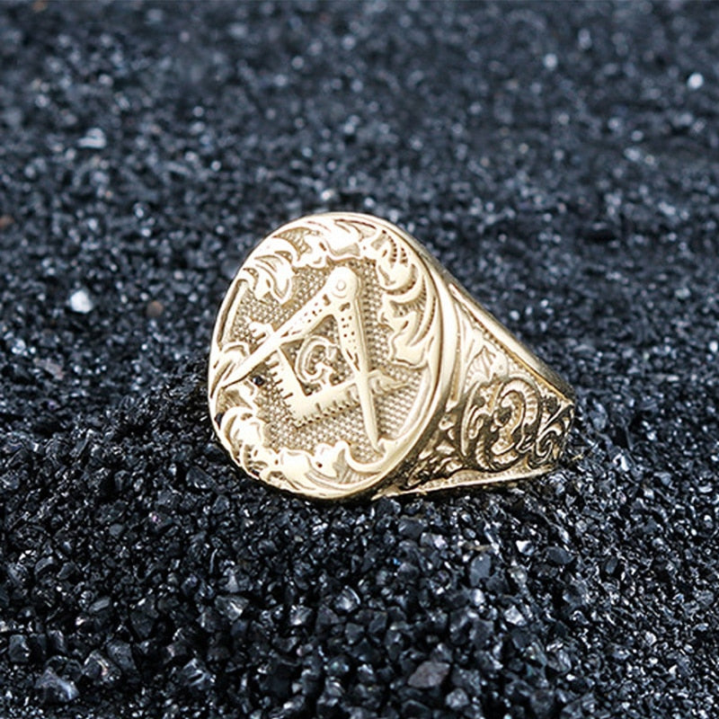 Retro Letter AG Freemason Pattern Ring Men's Ring Metal Golden Freemason Ring Accessories Party Jewelry Size 7-12